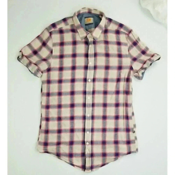 Hugo Boss Orange Medium Men's Linen Blend Tan Red Gray Plaid Short Sleeve Shirt - Picture 1 of 9